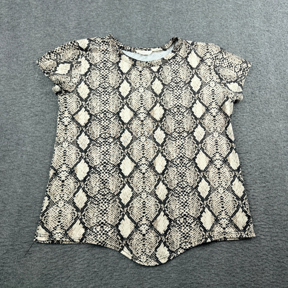 Pinc Women's S Snakeskin Print Short Sleeve Crew Neck Top Curved Hem Cream Black